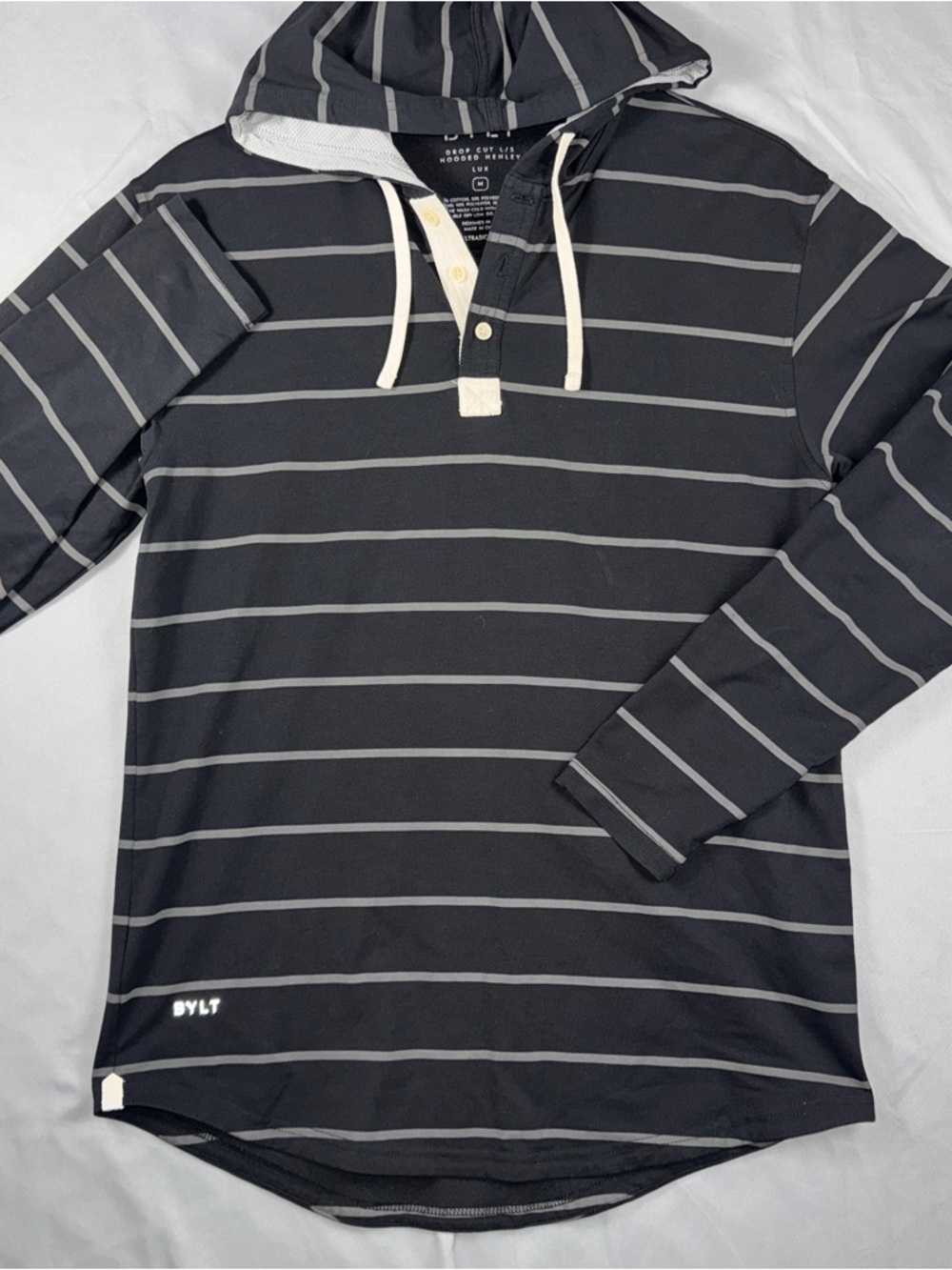 BYLT Henley Shirt Mens Medium Black Gray Striped Drop Cut Hooded Long Sleeve